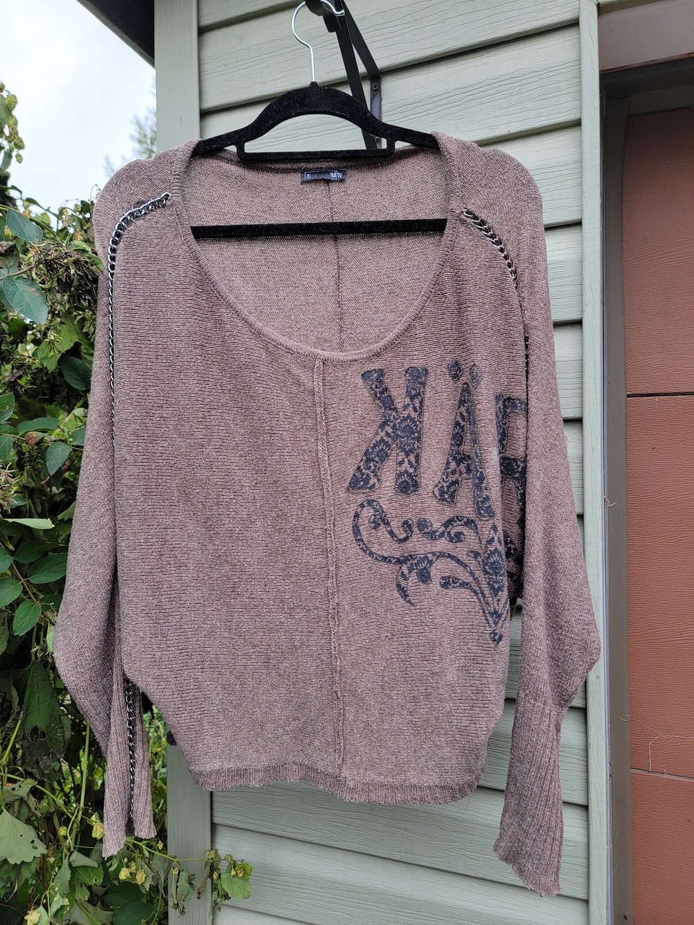 KARV Y2K Women's Brown Scoop Neck Sweater with Black Graphics And Chain Details